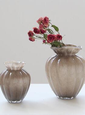 法式中古巧克力灰磁玻璃花瓶荷叶口高级感轻奢水培家居鲜花装饰品