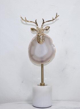 鹿头创意大理石摆件玄关桌面装饰品茶几玛瑙石酒柜电视柜摆放铁艺