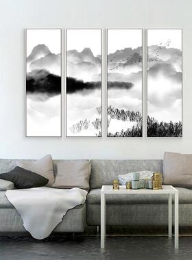 必画客厅装饰画新中式中国风水墨画四联山水画书房背景墙挂画禅意