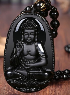 黑曜石十二生肖本命佛挂件千手观音吊坠男大势文殊菩萨属兔项链