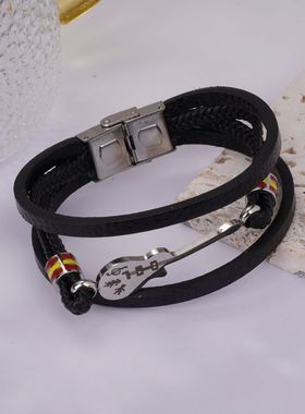 欧美时尚男士复古真皮不锈刚男士吉他多层编织皮绳黑色送男友手镯