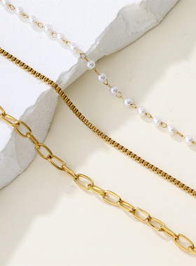 点易饰品小香项链不锈钢三层珍珠叠戴锁骨链镀18K金2024秋