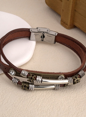 欧美饰品手镯复古首饰潮男有志者多层牛皮不锈钢扣手链厂家直供