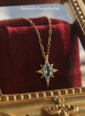 《人海星芒》薾曼轻奢覆古蓝托帕石项炼银镀金宝石简约锁骨炼礼物