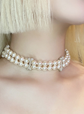 双层珍珠颈链女密镶骨头锁骨链