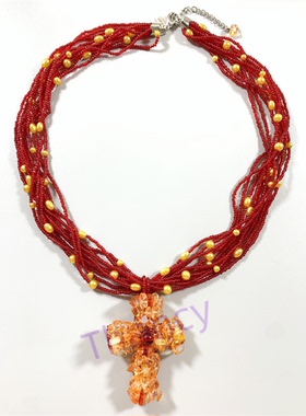 红色多层琉璃十字架项链1928打标