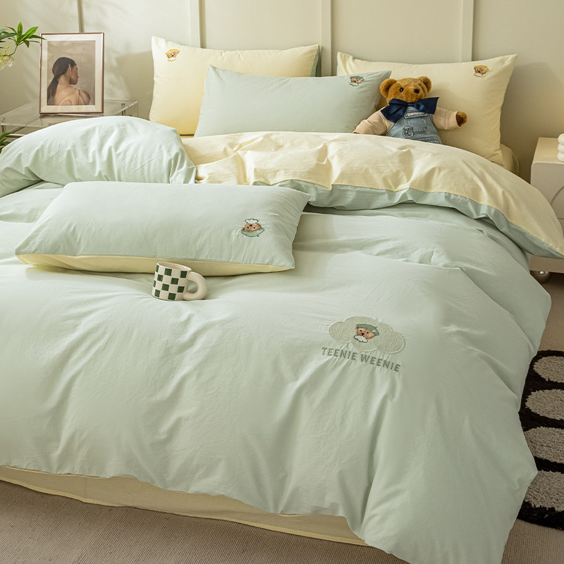 TeenieWeenie小熊刺绣全棉水洗棉床单四件套纯棉小清新被套罩纯色