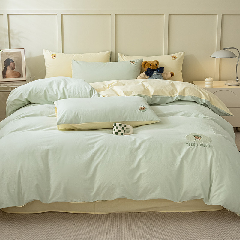 TeenieWeenie小熊刺绣全棉水洗棉床单四件套纯棉小清新被套罩纯色