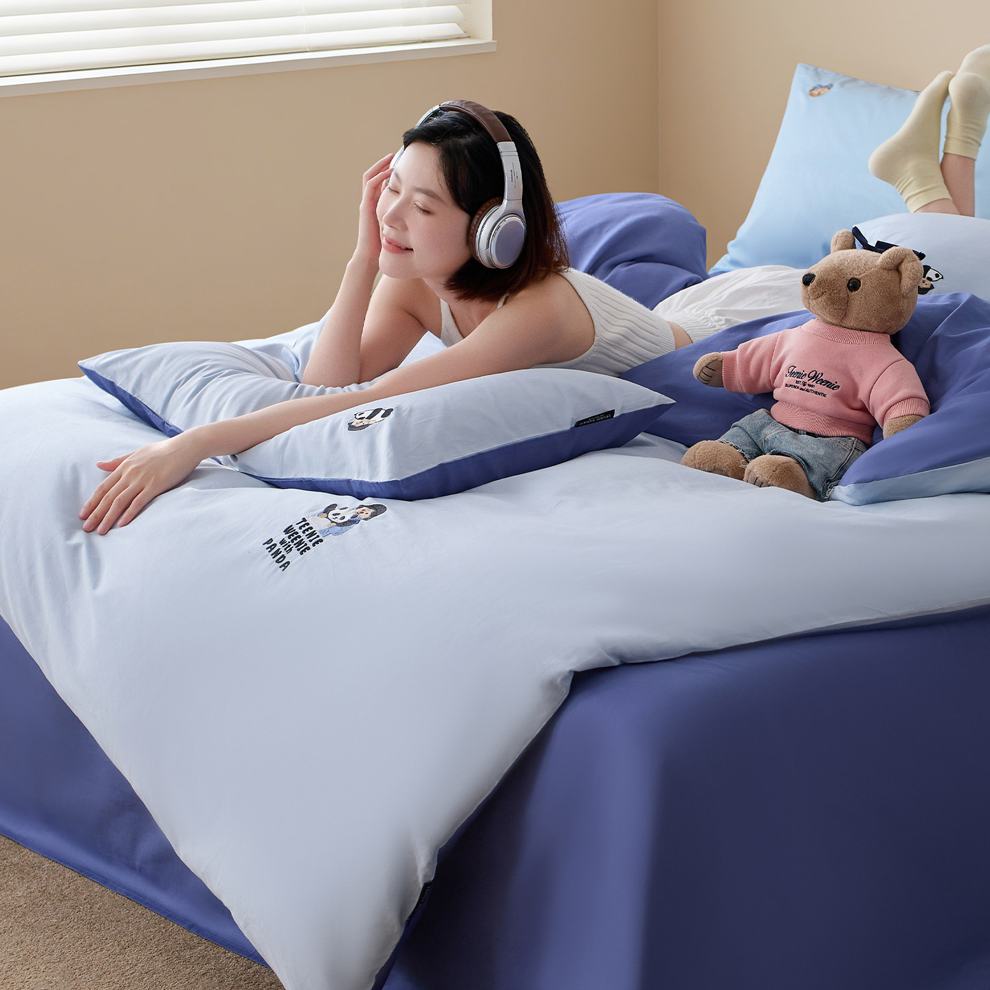 TeenieWeenie小熊纯色双拼全棉四件套纯棉被套学生宿舍床单三件套