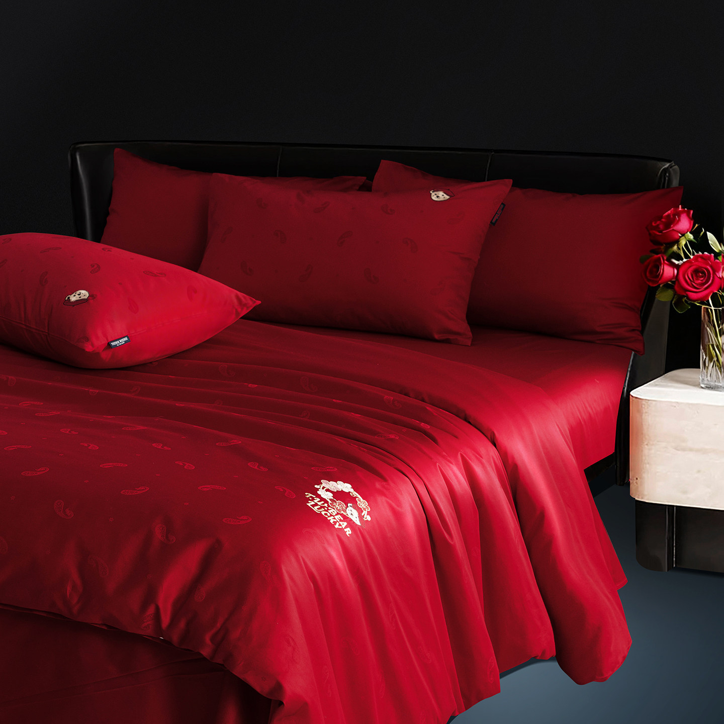 TW小熊高支纯棉红色结婚四件套高端婚嫁新婚礼物喜被床单床上用品,淘宝优惠券,粉丝福利购,淘宝优惠卷