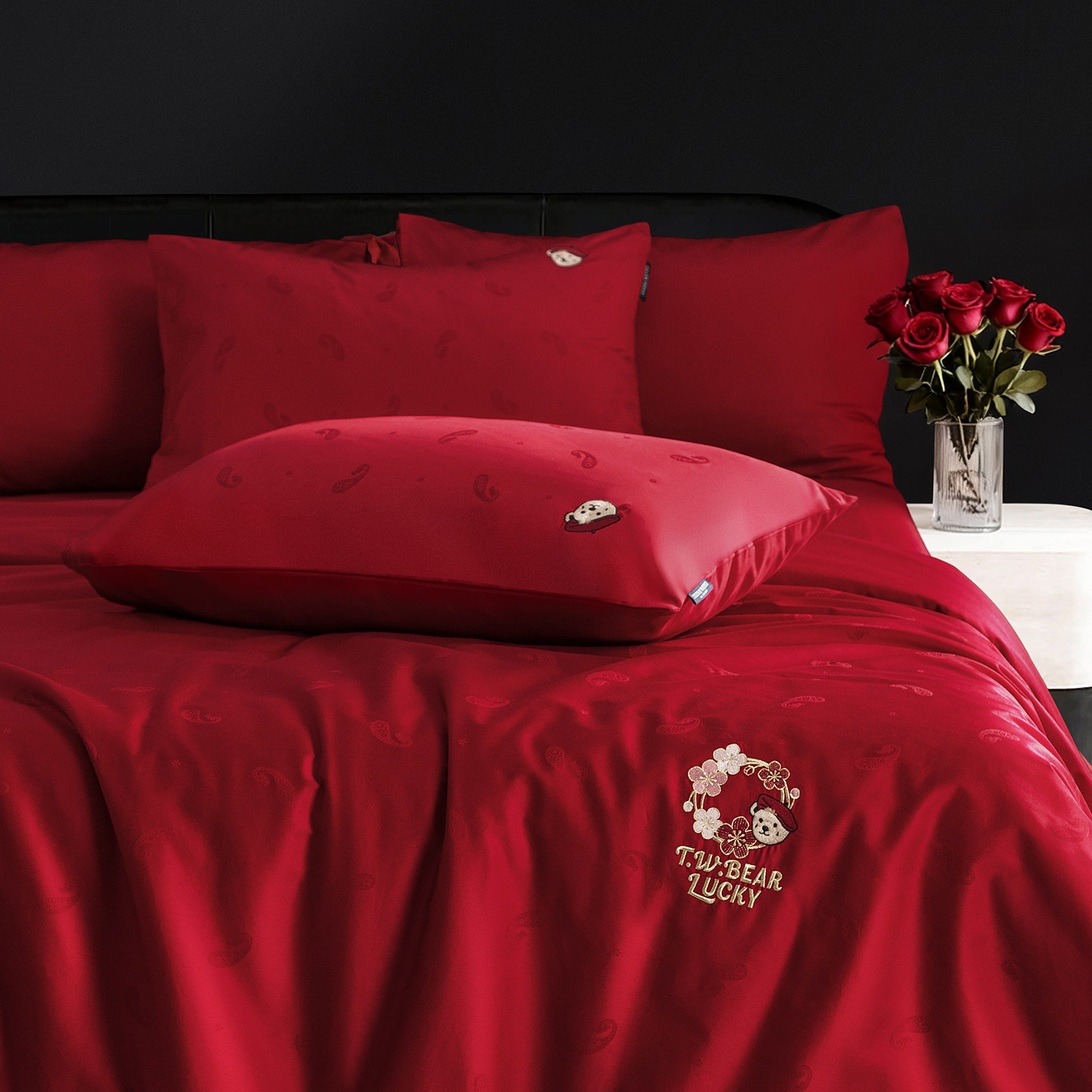 TW小熊高支纯棉红色结婚四件套高端婚嫁新婚礼物喜被床单床上用品,淘宝优惠券,粉丝福利购,淘宝优惠卷