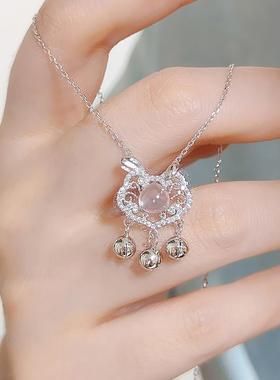 S999纯银平安锁项链女粉水晶吊坠轻奢小众2024新款生日礼物送女友