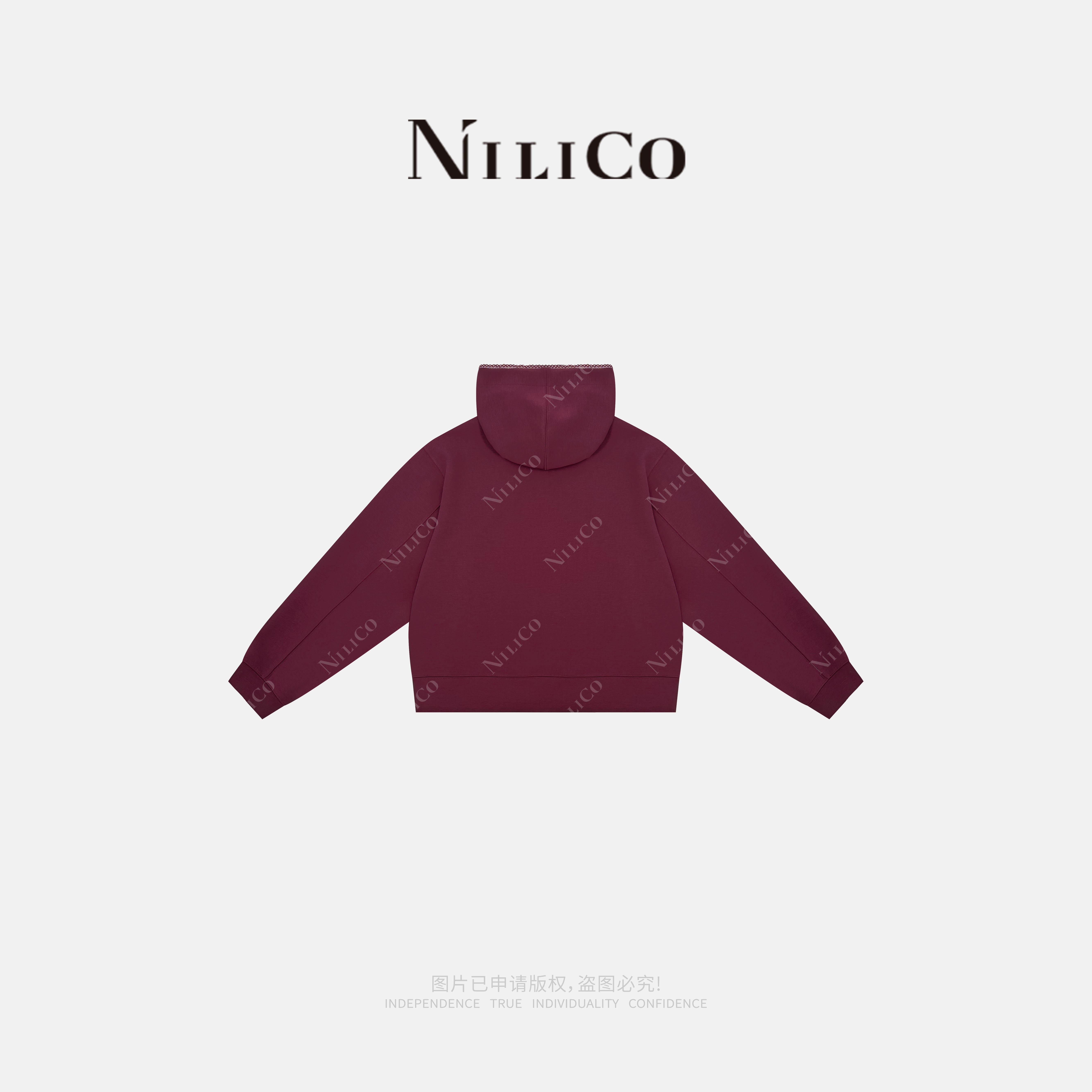 NILICO陈媚【紫红迷梦】Q弹空气层酱紫色连帽拼蕾丝花边卫衣 - 图0