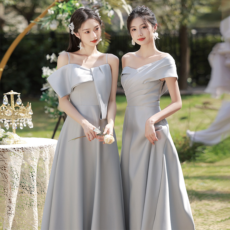 婚礼伴娘服女灰色高级感简约小众缎面仙气平时可穿闺蜜姐妹团礼服