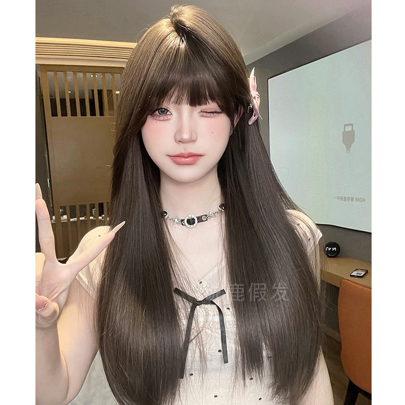 说鹿假发女网红日常长直发日常自然甜美可爱齐刘海全头套式假发