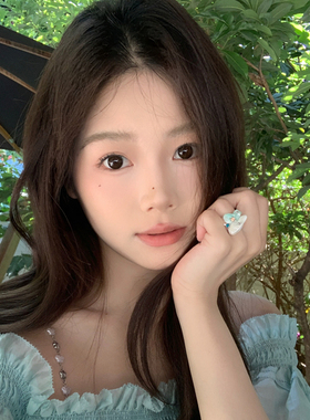 724STF手工天然石串珠金属质感蓝色戒指珍珠开口叠戴指环戒