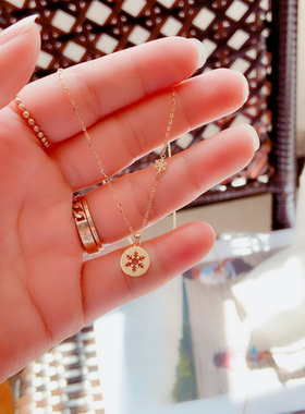 纯银项链光面圆形镂空雪花锁骨链