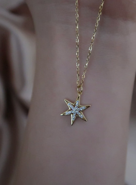 通体925银镀14K金镶钻六芒星项链