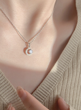 星月相伴项链女纯银轻奢锁骨链
