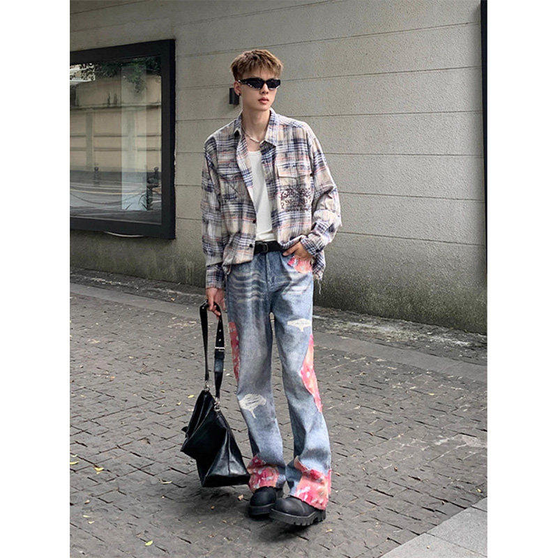 美式复古格子衬衫男生酷帅穿搭套装秋季痞帅高级感牛仔裤搭配一套,淘宝优惠券,粉丝福利购,淘宝优惠卷