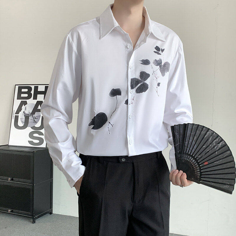 王源演唱会同款国风水墨画印花款白色衬衣潮牌新中式长袖衬衫大码,淘宝优惠券,粉丝福利购,淘宝优惠卷