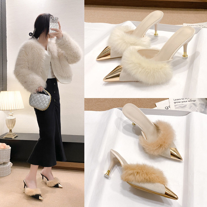 35-45码 大码毛毛拖鞋44外穿高跟包头半拖43尖头懒人试衣间女鞋42,淘宝优惠券,粉丝福利购,淘宝优惠卷