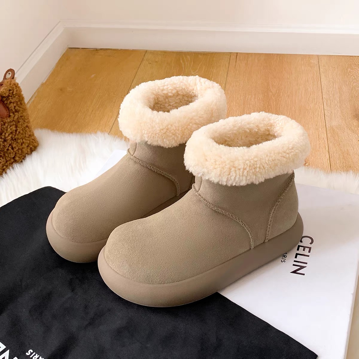 【动态防水】2025小土豆厚底羊皮毛一体雪地靴加绒保暖包头穆勒鞋 - 图3