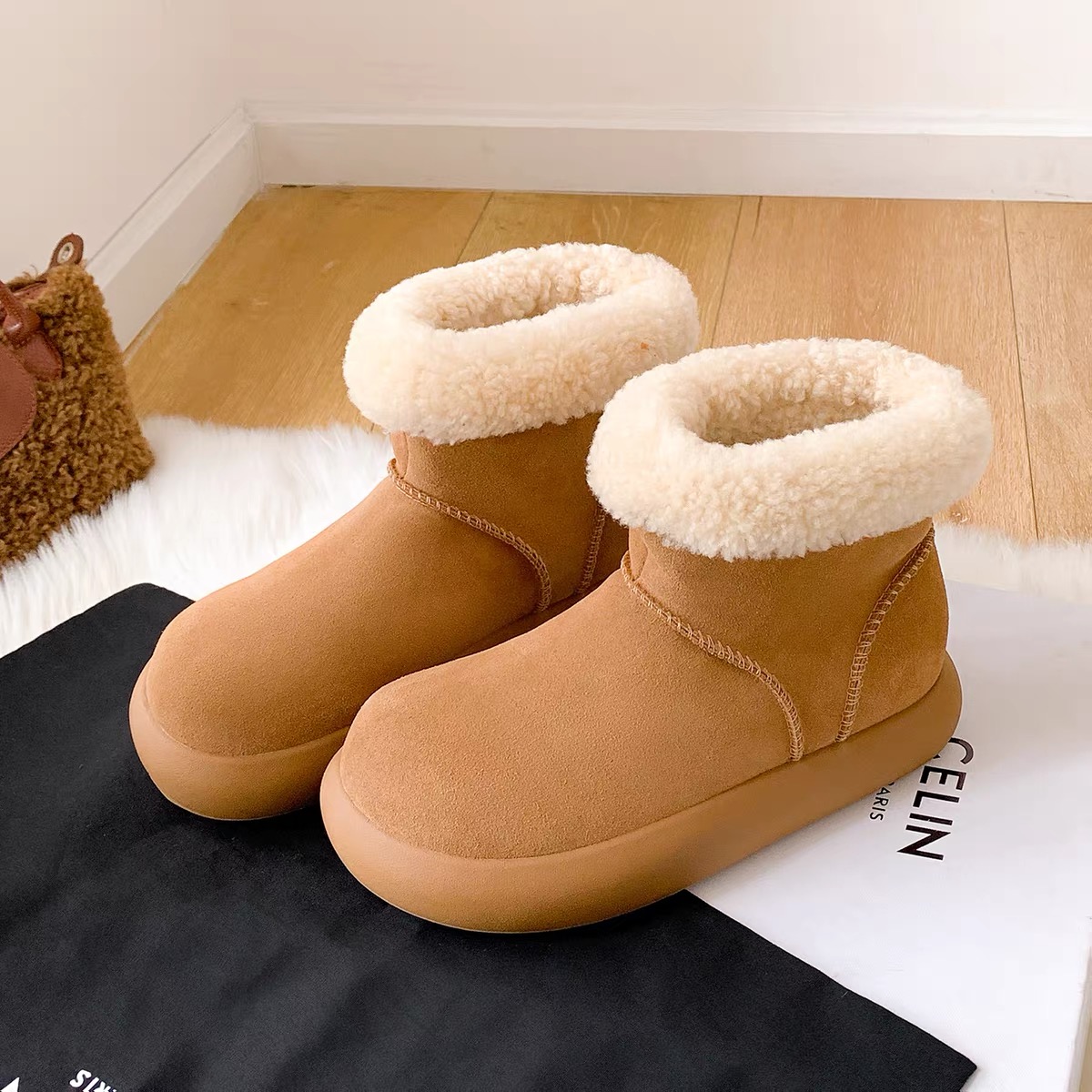 【动态防水】2025小土豆厚底羊皮毛一体雪地靴加绒保暖包头穆勒鞋 - 图0