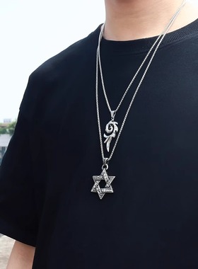 复古六芒星项链男潮嘻哈韩版个性毛衣链军牌配饰男士吊坠钛钢挂件