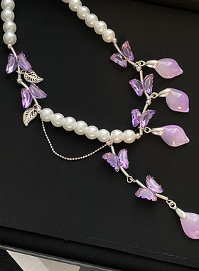 法式超仙甜美蝴蝶流苏高级感珍珠