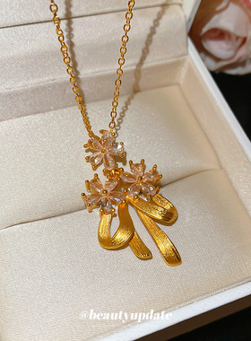 新中式蝴蝶结花朵吊坠项链法式温