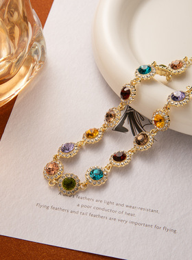 复古轻奢风彩色镶钻水滴圆形锁骨