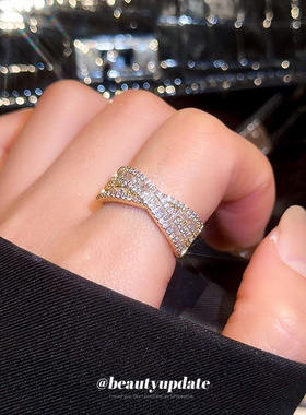 14k真金电镀锆石交叉X形开口戒指