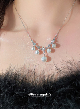 欧美冷淡风锆石方形珍珠项链休闲