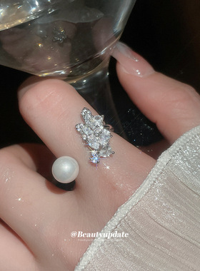 锆石蝴蝶结珍珠开口戒指轻奢小众
