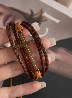 复古民族风皮质编织多层手链时尚