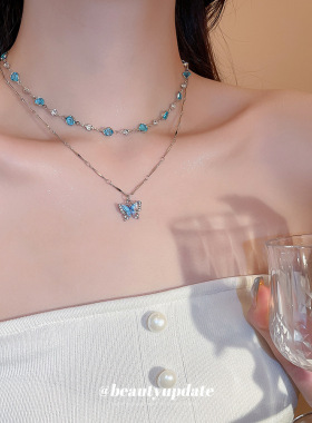 锆石蓝色蝴蝶珍珠项链高级感时尚