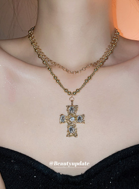 欧美复古镶钻十字架吊坠项链女中