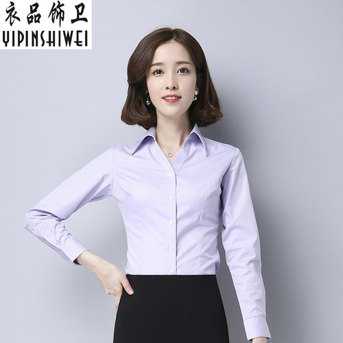 白衬衫女职业长袖寸衫女士白色衬衫工装正装V领衬衫工作衬衣夏季 - 图1