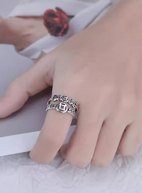 双层钱币戒指国潮个性复古做旧招财幸运铜钱开口指环