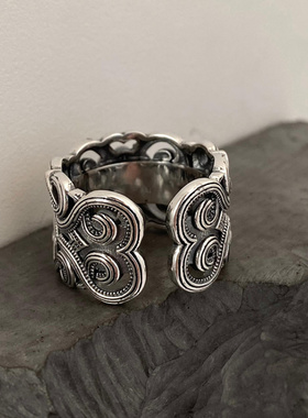 复古个性蒙古花纹宽面小众设计镂空黑锆石戒指男女通用