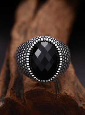 新款霸气椭圆切面黑锆石指环朋克