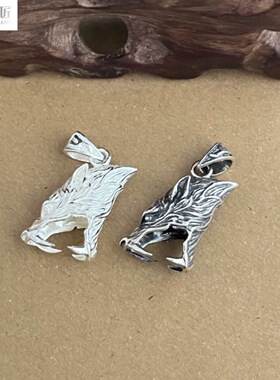 越轩银匠s925银高端大号狼牙吊坠空套托镶银饰品素银藏式祥兽