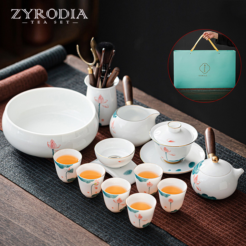 ZYRODIA 手绘功夫茶具套装家用陶瓷泡茶壶羊脂玉白瓷盖碗茶杯礼盒 - 图2