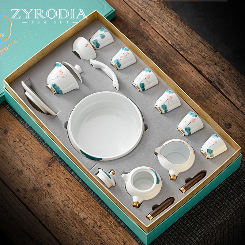 ZYRODIA 手绘功夫茶具套装家用陶瓷泡茶壶羊脂玉白瓷盖碗茶杯礼盒 - 图3