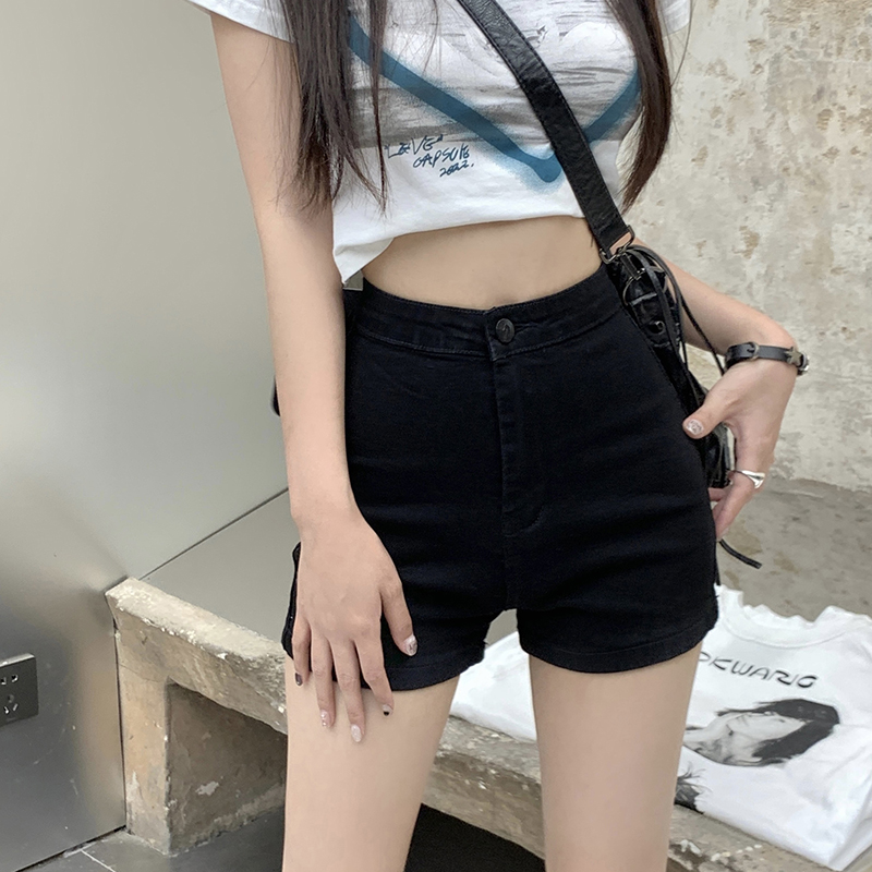 新款高腰弹力黑色紧身牛仔短裤