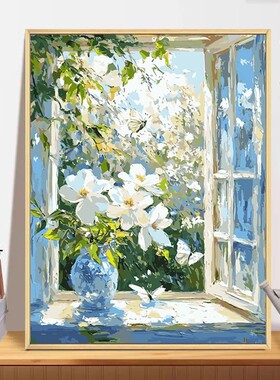 玉兰花白色花卉装饰画成品仿油画风景唯美治愈高级卧室客厅摆挂画