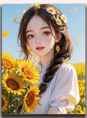 花田少女人物装饰画卡通写实小清新可爱卧室背景成品喷印风景挂画