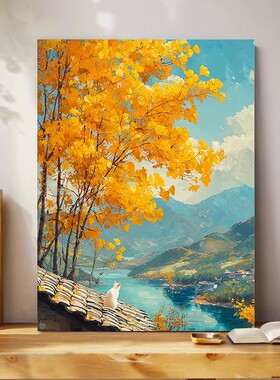 秋天稻田装饰画成品仿油画风景唯美治愈中式高级感卧室客厅摆挂画