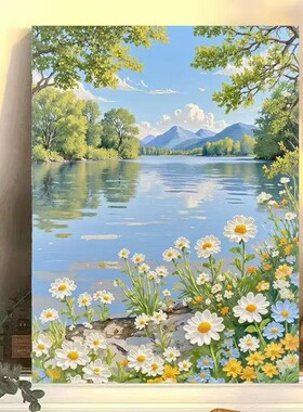 湖光春色装饰画仿油画风景唯美治愈系小清新氛围感卧室客厅摆挂画